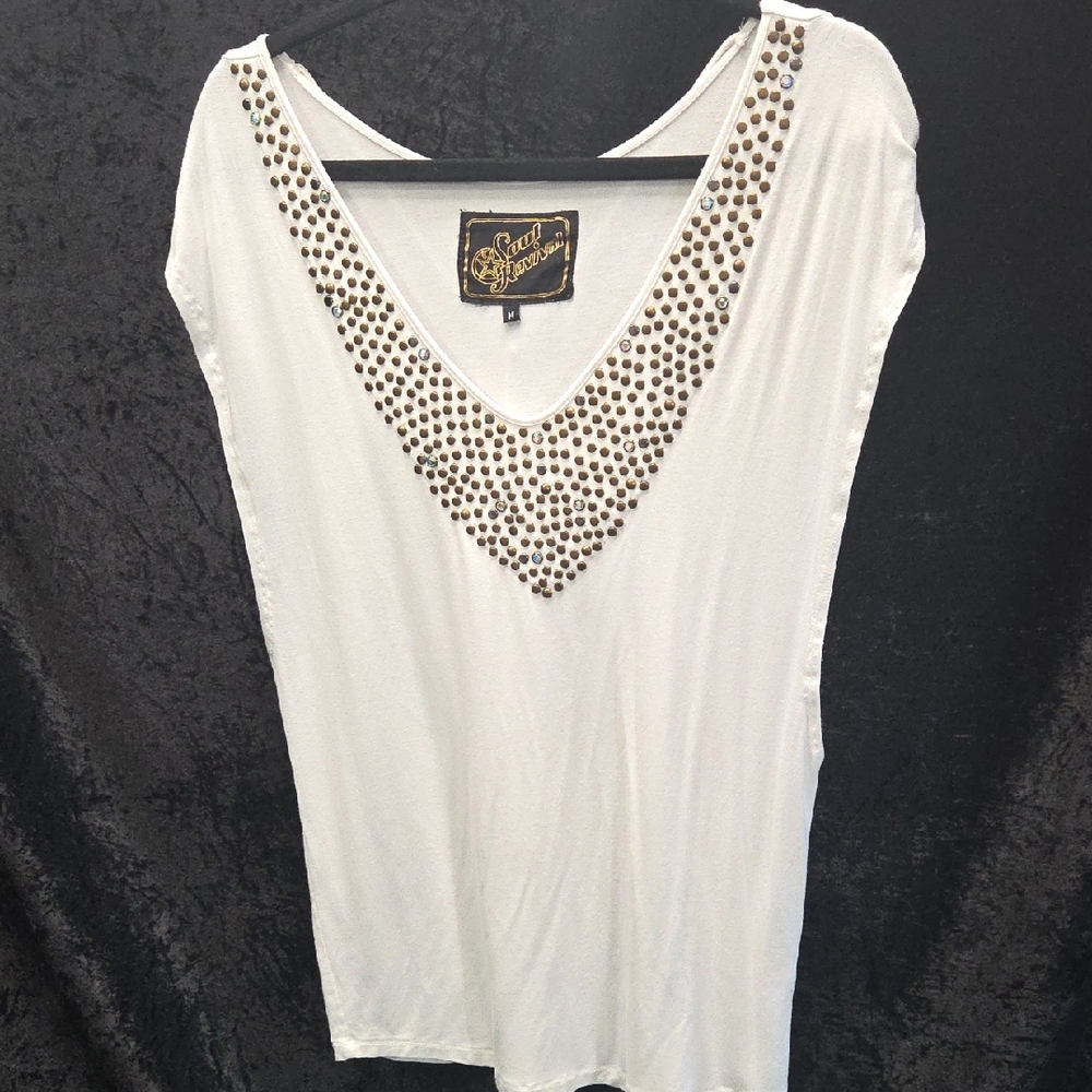 Soul Revival White V-Neck Studded Tee
